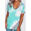 Womens Trendy Tie Dye Print Patchwork Lace Chest Pocket Short Sleeve V Neck Regular Tee Top in Blue