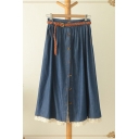 Fancy Skirt Button Lace Trim Split Stitch High Rise Half Elastic Maxi A-Line Denim Skirt for Women