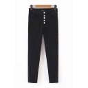 Womens Jeans Trendy Black Plain Stretch Front Button Detail Zipper Fly Slim Fit 7/8 Length Tapered Jeans