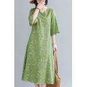 Fashion Womens Linen and Cotton 3/4 Sleeve V-neck Frog Button Mid A-line Dress in Green