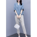 Formal Womens Checkered Printed 3/4 Sleeve V-neck Linen and Cotton Relaxed T-shirt & Cropped Straight Pants Set