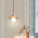 Flat Shade Bedside Hanging Lamp Wooden Single Asian Pendant Lighting in Beige with Exposed Bulb Design