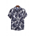 ool Mens Shirt Leaf Printed Turn-down Collar Button-down Regular Fit Short Sleeve Shirt