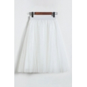 Basic Womens Skirt Solid Color Tulle High Elastic Waist Knee Length A-Line Swing Skirt