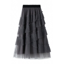 Basic Womens Skirt Tulle Asymmetric Panel Pleated Hem High Elastic Waist Midi A-Line Layered Skirt