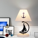 Flared Nightstand Lamp Coastal Fabric 2-Light White Task Lighting with Arc and Sailboat Base