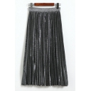 Womens Pleated Skirt Trendy Metallic Gloss High Elastic Rise Maxi Pleated Skirt