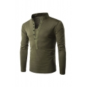 Mens Fashion Tee Top Solid Color Stand Collar Button Long Sleeves Slim Fitted Tee Top