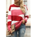 Novelty Womens Asymmetric Striped Color Block Split Side Round Neck Long Sleeve Oversized Knitwear Pullover Sweater