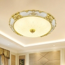 Gold LED Flush Mount Lamp Classic Milky Glass Bowl Ceiling Fixture with X-Shaped Pattern, 14