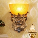 Amber Ribbed Glass Bowl Wall Lamp Traditional 1 Head Living Room Wall Light Fixture in Gold with Resin Goose Backplate
