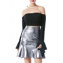 Party Girls Solid Color Metallic High Rise Ruffled Short Fishtail Skirt