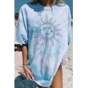 Chic Womens Tee Top Tie Dye Sun Pattern Tunic Round Neck Loose Fitted Half Sleeve Tee Top