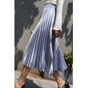 Womens Skirt Casual Metallic Elastic Waist Satin Midi Swing Pleated Skirt