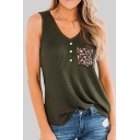 Fashionable Womens Leopard Printed Patchwork Pocket Button Front V Neck Sleeveless Relaxed Tank Top