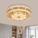 Flower Patterned Round Ceiling Lamp Modern Cut Crystal Bedroom LED Flush Mount in Chrome