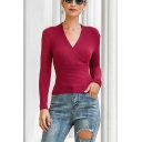 Elegant Solid Color Long Sleeve Surplice Neck Slim Fitted Knit Top for Ladies