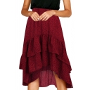 Creative Womens Skirt Dot Printed Layered Ruffle Asymmetric Hem Midi A-Line High Waist Swing Skirt