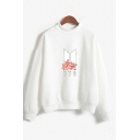 New Stylish Kpop Logo Floral Printed Mock Neck Regular Fitted Sweatshirt