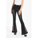 Womens Jeans Stylish Medium Wash Flower Embroidery Frayed Cuffs Zipper Fly Full Length Regular Fit Flare Jeans