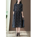 Fashion Womens Ditsy Flower Printed Linen and Cotton Long Sleeve Crew Neck Button Up Mid Pleated Swing Dress