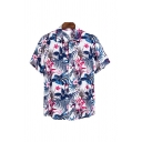 Mens Shirt Chic Leaf Flower Printed Turn-down Collar Button-down Regular Fit Short Sleeve Shirt
