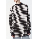 Mens T-Shirt Simple Horizontal Striped Printed Tunic Loose Fitted Long Sleeve Round Neck T-Shirt