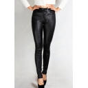 Basic Womens Jeans Plain Lace-up Front PU Leather Slim Fit 7/8 Length Tapered Pants in Black