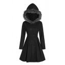 Trendy Womens Solid Color Long Sleeve Fuzzy Trim Hooded Double Breasted Short Pleated Flared Wool Coat