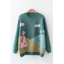 Street Girls Cartoon Figure Printed Long Sleeve Crew Neck Knit Relaxed Pullover Sweater Top