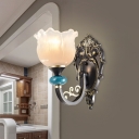 Clear Ribbed Glass Flower Wall Light Country 1/2-Bulb Bedside Wall Mount Lighting in Black with Curved Arm