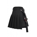 Womens Shirt Chic Asymmetric Buckle Belted Chain Embellished Detachable Pocket Short A-Line Pleated Skirt
