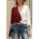 Sexy Womens Color Block Twist Hem V Neck Long Sleeve Fitted Cropped Knitwear Pullover Sweater
