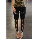 Goth Dark Mid Rise Hollow Out Plain Patterned Ankle Length Black Stretch Skinny Leggings for Female