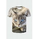 Retro Mens 3D Tee Top Blue-Eye Cat Pattern Round Neck Regular Fit Short Sleeve Tee Top