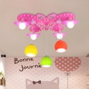Pink Butterfly Flush Chandelier Kids 7 Lights Acrylic Ceiling Mount Lighting with Suspended Dome Colored Glass Shade