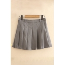 Preppy Ladies Skirt Plain Pleated Applique Zipper side High Waist Mini A-Line Skirt