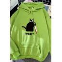 Novelty Womens Hoodie Cat Knife Letter What Printed Knitted Trim Drawstring Long Sleeve Relaxed Fitted Hoodie