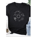 Cool Womens T-Shirt Planet Star Pattern Short Sleeve Crew Neck Relaxed Fit T-Shirt