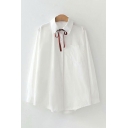 Chic Womens Solid Color Tie Front Chest Pocket Button Up Turn-down Collar Long Sleeve Oversized Shirt in White