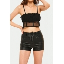 Womens Shorts Chic Black Solid Color Lace-up Front High Waist PU Leather Slim Fitted Relaxed Shorts