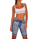 Womens Blue Shorts Creative Faded Wash Hollow out Frayed Cuffs Stretch Zipper Fly Slim Fitted Denim Shorts