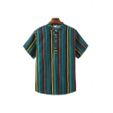 Cool Mens Shirt Vertical Striped Pattern Button Detail Stand Collar Short Sleeve Regular Fit Shirt