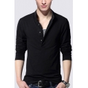 Cool Mens Tee Top Striped Panel Hem Button Detail Long Sleeve Stand Collar Slim Fitted Tee Top