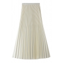 Classic Womens Pleated Skirt Plain High Elastic Rise Maxi A-Line Pleated Skirt