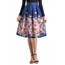 Fashion Womens Skirt Plant Leaf Floral Peony Printed Pleated Detail Knee Length Jacquard Zip Closure High-rise A-Line Skirt