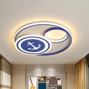 Circular Ceiling Light Cartoon Acrylic Sleeping Room LED Flush Mount Fixture with Anchor Pattern in Blue