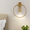 Cylindrical Bedside Flush Wall Sconce Metal 1 Head Simple Style Wall Light with Ring Deco in Black/Brass
