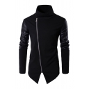 Cool Mens Jacket Oblique Zipper High Neck Slim Fitted Long Patchwork Sleeve Leather Jacket