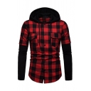 Men's Vintage Shirt Plaid Pattern Chest Pocket Faux Twinset Hooded Long Sleeves Curved Hem Button down Slim Shirt